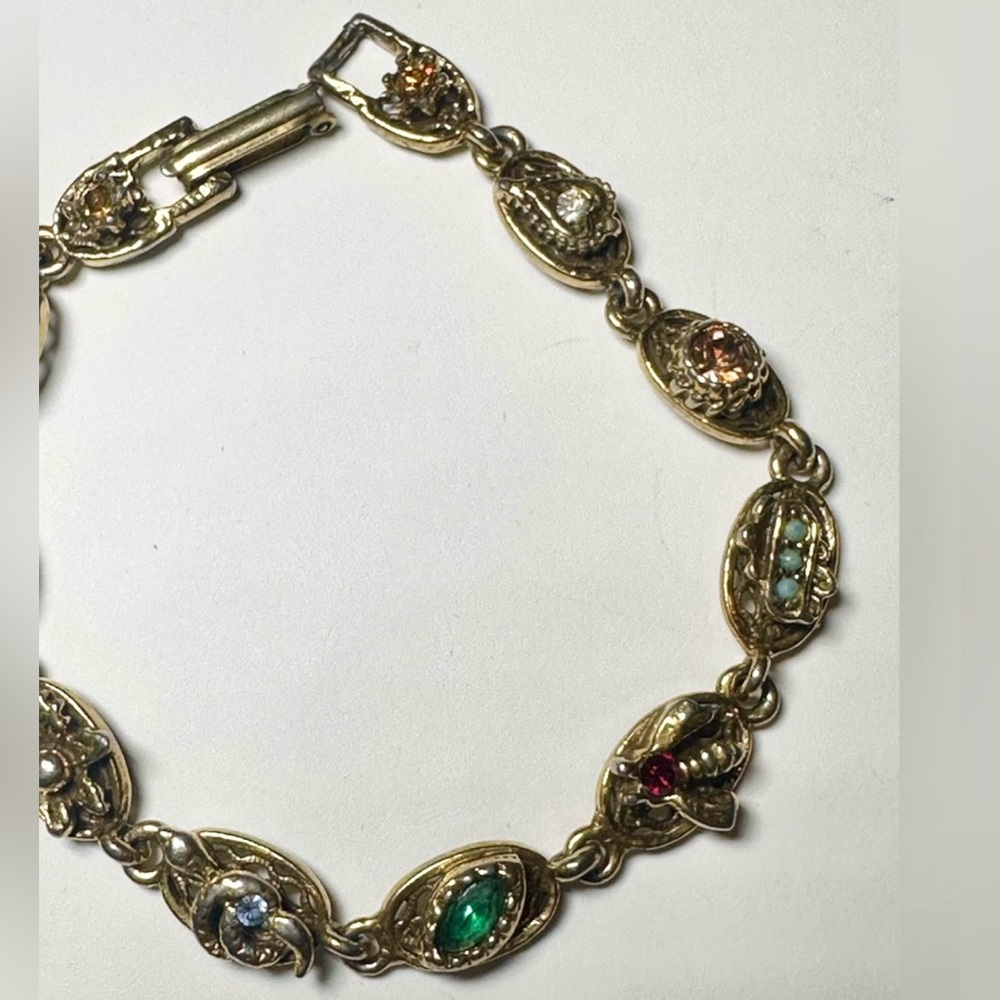 Vintage Goldette Multi-Stone Link Bracelet – 1950s Victorian Revival - Picture 2 of 4